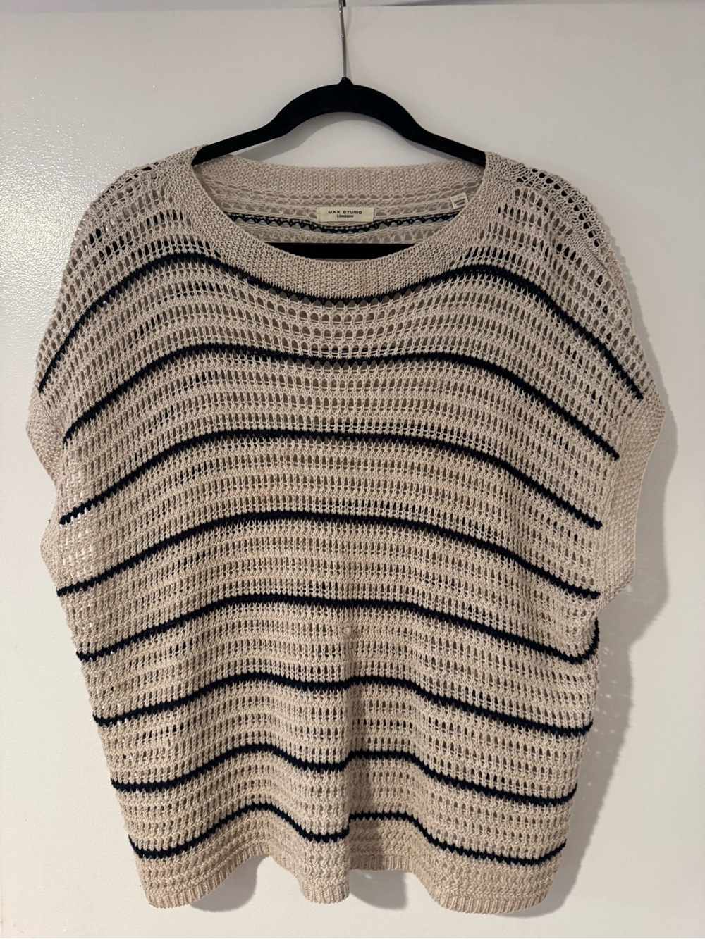Max Studio Beige Open-Knit Crewneck Sweater with Navy Blue Stripes